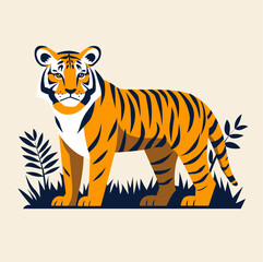 Tiger illustration. Standing tiger cub in the jungle. Flat vector art isolated