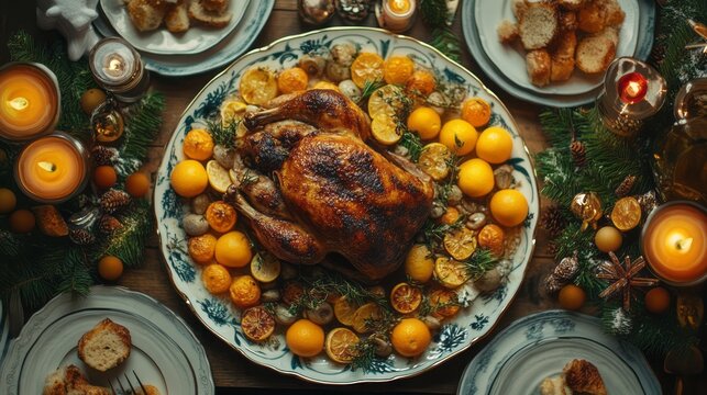 Festive roasted turkey dinner centerpiece, surrounded by holiday food. - Powered by Adobe