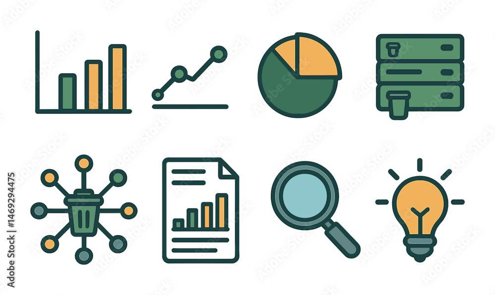 Poster data analytics outline icons set – linear, chart, data visualization symbols