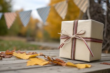 Autumn Gift Wrapped Present on Wooden Table with Fall Leaves and Bunting