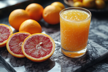 Glass of orange juice with slice of grape, vibrant and refreshing.