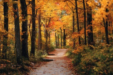 Obraz premium Winding Forest Path Through Vibrant Autumn Colors Under a Clear Sky Signaling the Change of Season Generative AI