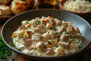 Bowl of pasta with meat and cheese.