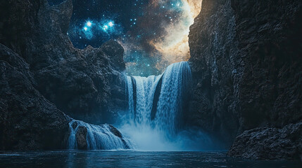 Waterfall flows between dark rocks. Starry night sky visible  AI generative