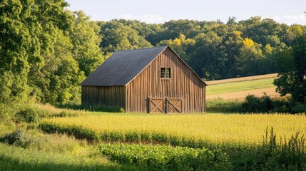Rustic wooden barn in a golden field