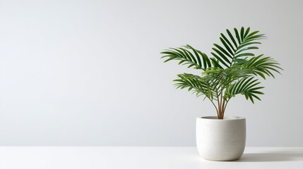 Fototapeta premium Small palm-like houseplant in white pot on white background
