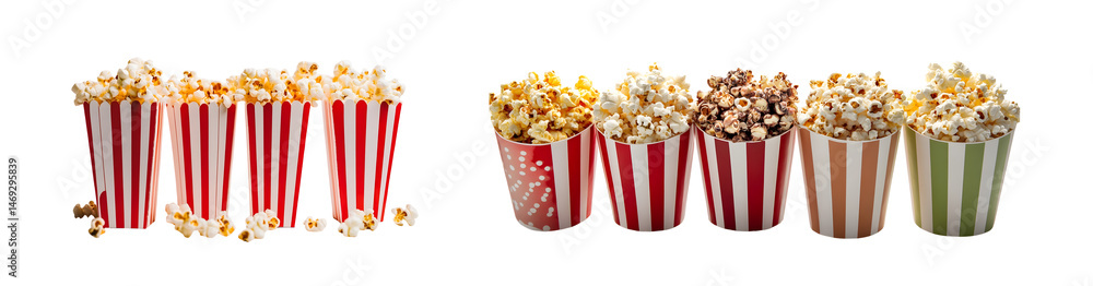 Poster colorful paper containers filled with different kinds of popcorn. a display of various popcorn flavo