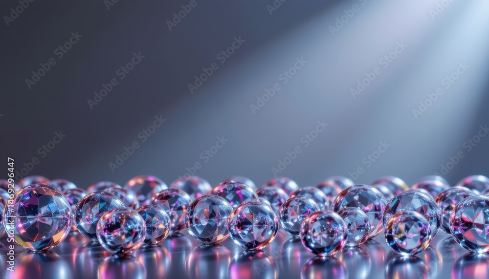 Poster close-up of colorful shiny bubbles with glowing lights and reflections in abstract space