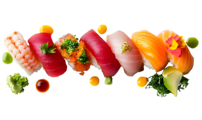 Horizontal presentation of diverse sushi rolls, showcasing different fish types and colorful garnishes. The image highlights the arrangement and aesthetic appeal of the food.