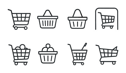 Shopping cart and basket outline icons set – linear, shopping, e-commerce symbols