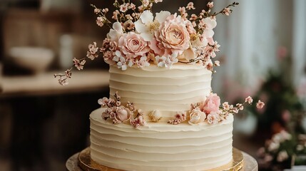 Exquisite Wedding Cake Adorned with Delicate Floral Design and Soft Cream Icing