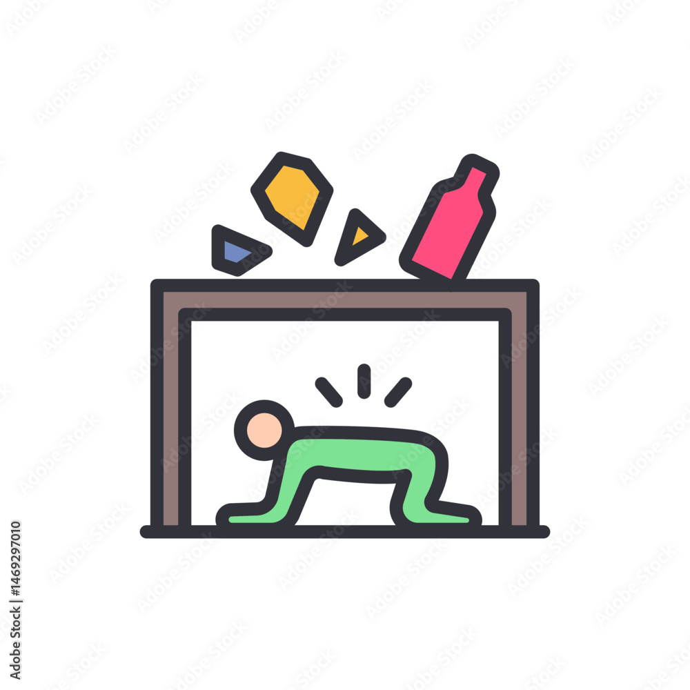 Poster illustrated character underneath a collapsing structure and falling objects