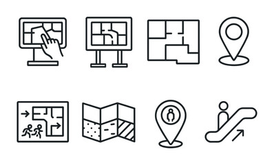 Navigation and map outline icons set – wayfinding, location, journey symbols