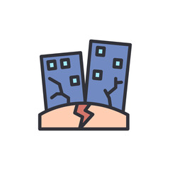 Cartoon depiction of buildings affected by seismic activity in an urban area
