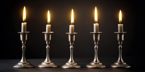 Three lit candles in silver holders against dark background