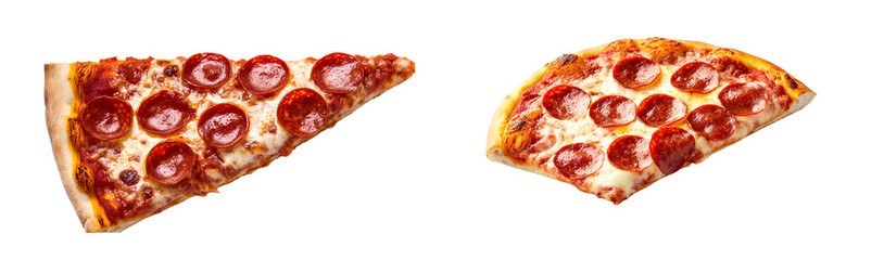 Two slices of pepperoni pizza, showcased against a vibrant, transparent background.