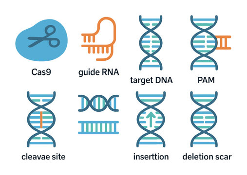 Gene editing flat icons set &ndash; genome, dna, crispr technology symbols
