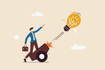 Launch new business idea, creativity and innovative winning solution, entrepreneurship or start up business concept, smart businessman entrepreneur launching light bulb idea from powerful cannon.