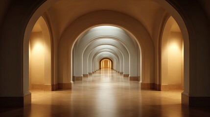 Serene Arched Hallway Interior with Warm Indirect Lighting