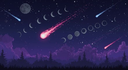 Pixel art night sky with meteor shower over a forest.