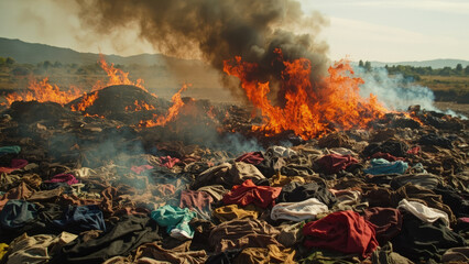 Burning clothes landfill fire environmental damage and pollution creating dangerous harmful fumes in a natural environment