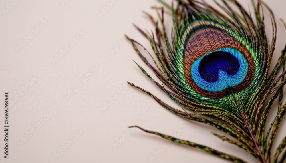Poster closeup of a colorful peacock feather with iridescent patterns and delicate textures on background
