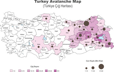 Turkey Avalanche Number Map, Vector illustration isolated on white background.
