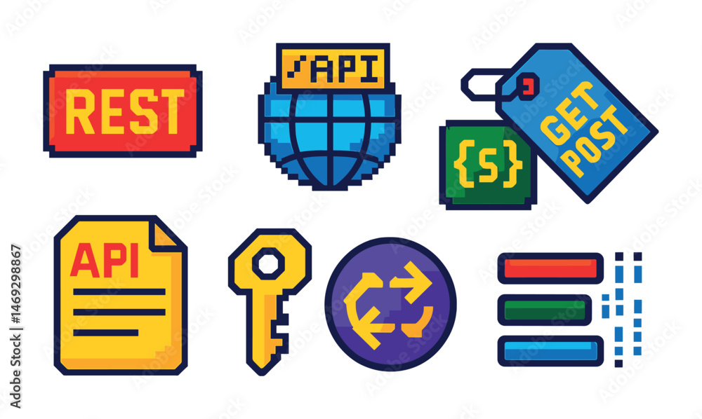 Poster web api pixel art icons set – tech, development, internet symbols
