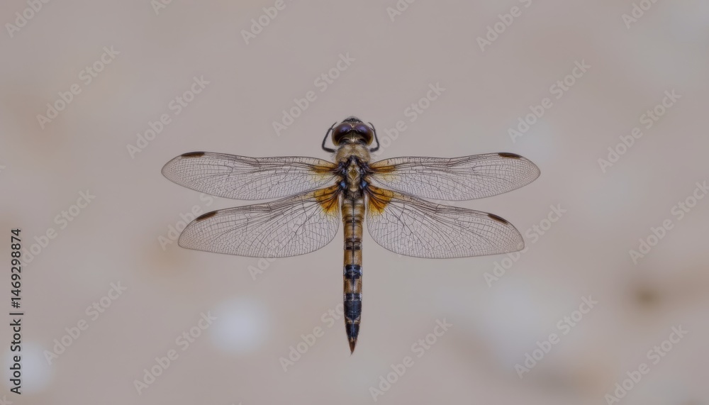 Poster closeup of a dragonfly with detailed patterns and colorful wings hovering in natural environment