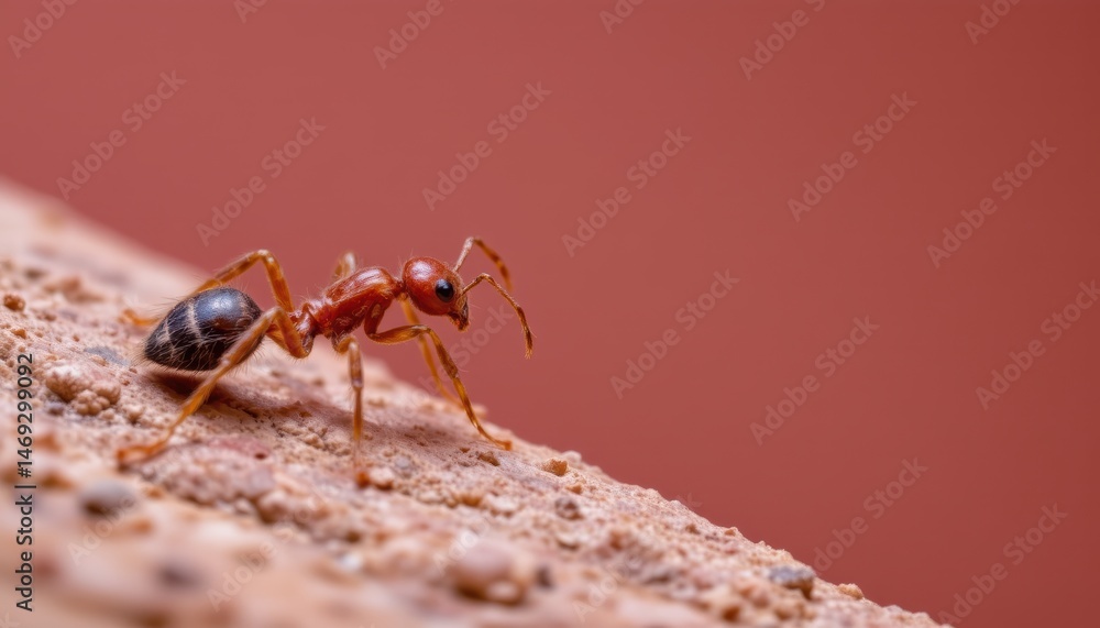Poster closeup of a red ant crawling on textured surface with soft background in natural habitat