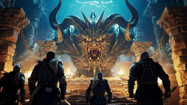 Epic Battle Between Warriors and Giant Demon Creature