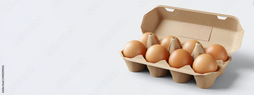 Poster fresh brown eggs in open recycled pulp carton with kraft label placed on a light surface generative 