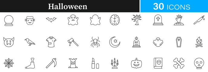 Halloween, Halloween costumes, spooky decorations, Halloween party, Halloween makeup, Halloween ideas, trick or treat, Halloween night icon pack | Detailed Outline | Editable Stoke 30 icon.