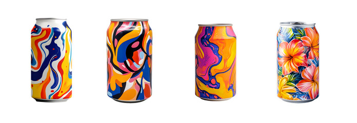 Collection of beverage containers featuring dynamic abstract and floral designs.