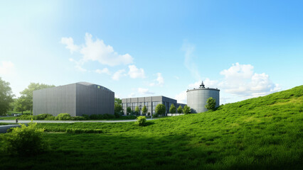 Fototapeta premium Modern architecture buildings with green grassy hill and blue sky illustrating sustainable design concepts