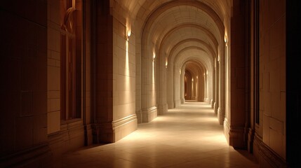 Serene Arched Hallway with Warm Indirect Lighting for Elegant Interiors
