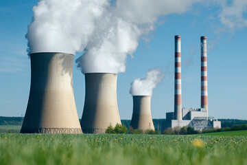 Scenic view of cooling towers emitting steam against clear blue sky, showcasing industrial power generation