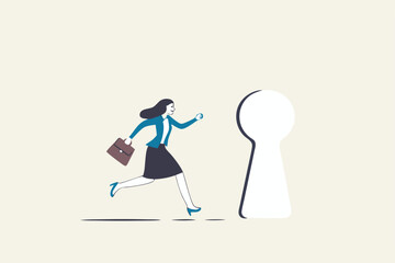 Life changing opportunity, enter career success door or success in work, new challenge or doorway to bright future concept, hopeful motivated businesswoman walking through bright doorway keyhole.