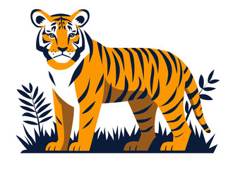 Tiger illustration on white background. Standing wild cat art isolated