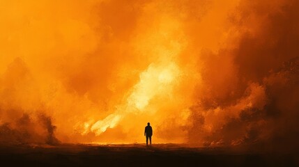 Fototapeta premium Solitary figure confronts fiery sky