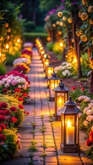 Pathway of vibrant flowers illuminated by soft glow of modern lanterns at dusk