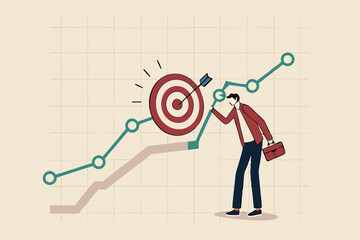 Marketing target audience research, business analysis to increase sale, target group or focused customer concept, businessman marketer holding magnifying glass analyze customer data graph and chart.