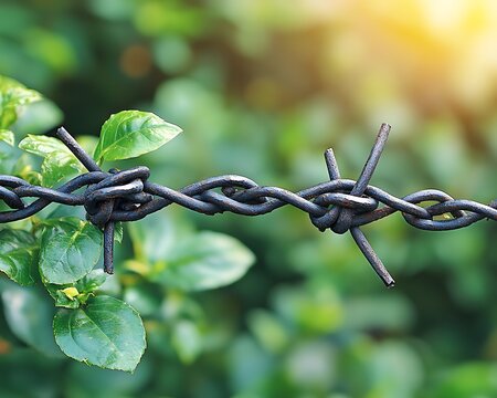 Close-up view of a barbed wire fence against lush greenery.