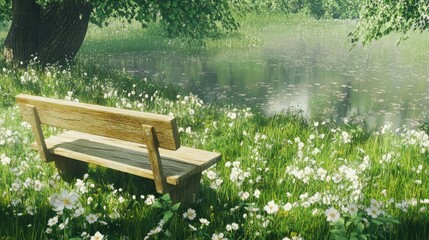 Obraz premium Tranquil park bench by a misty pond. Perfect for relaxation and tranquility scenes