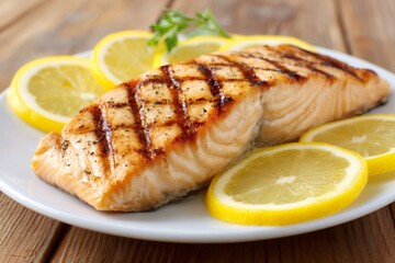 Grilled salmon fillet with lemon slices on white plate