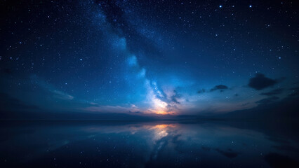 Breathtaking reflection of the milky way galaxy in a calm body of water during nighttime hours