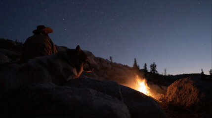 Cowboy and his dog sit by campfire under starry night sky