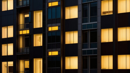 Obraz premium Office Building Exterior at Night Featuring Warm Yellow Window Lighting