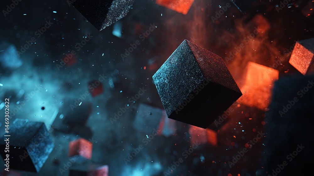 Aufkleber floating 3d abstract shapes glowing in dark tech environment