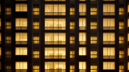 Obraz premium Modern Skyscraper with Glowing Golden Windows in Evening Light